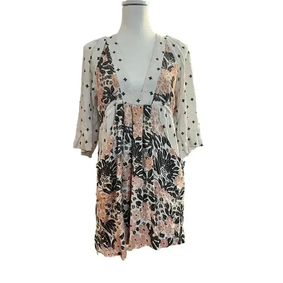 Free people talluhah mini dress boho floral 3/4 sleeve v neck size xs - Picture 3 of 10